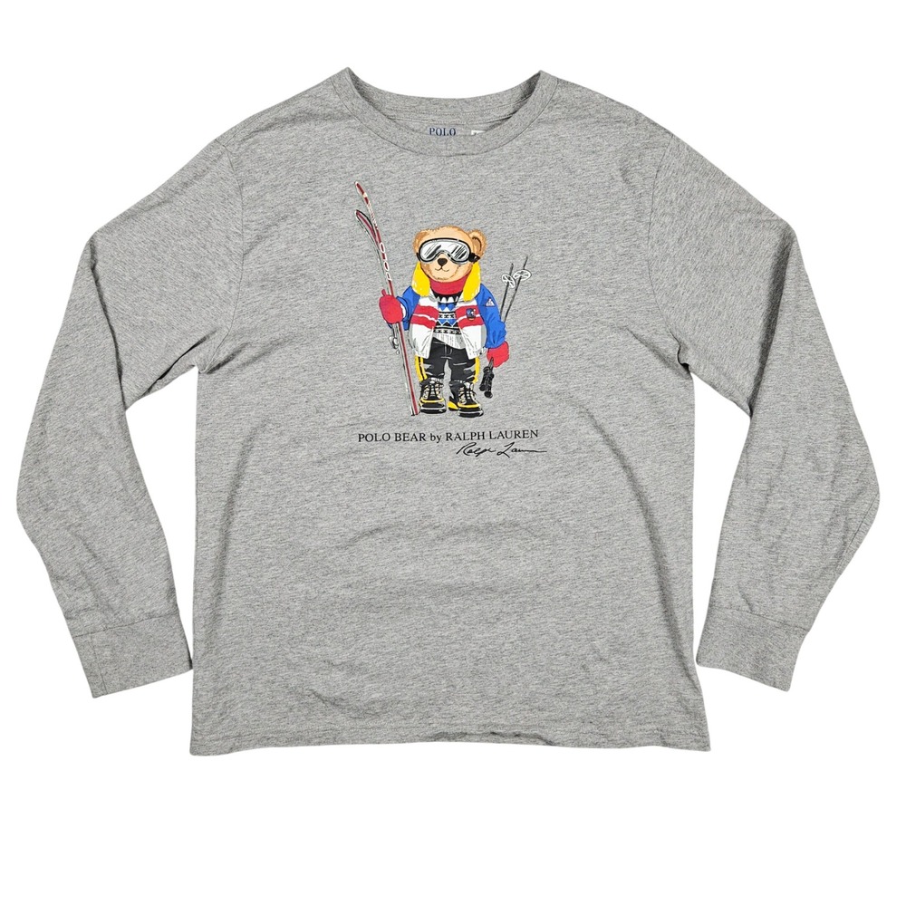 Polo Ralph Lauren (Kids Large 14-16) Gray Long Sleeve Shirt Skiing Polo Bear Ski